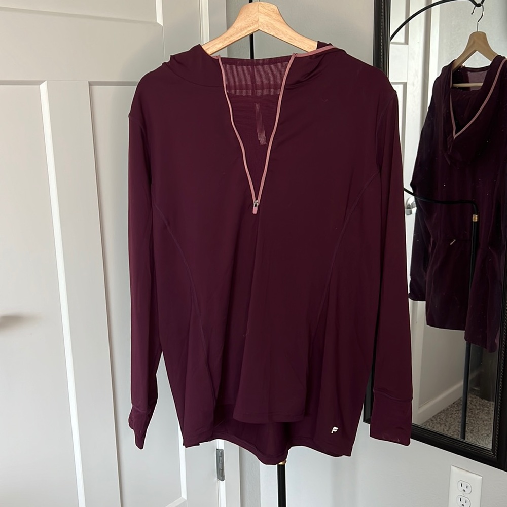 Burgundy Fabletics Zip Up Long Sleeve Hoodie with Mesh Panel Detailing
